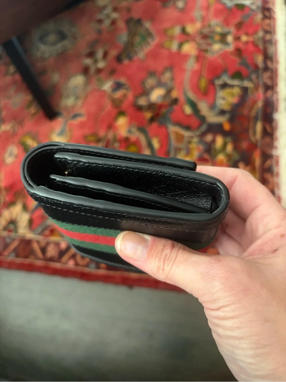 Gucci Black Leather Tri-Fold Wallet with Green and Red Stripe *like new